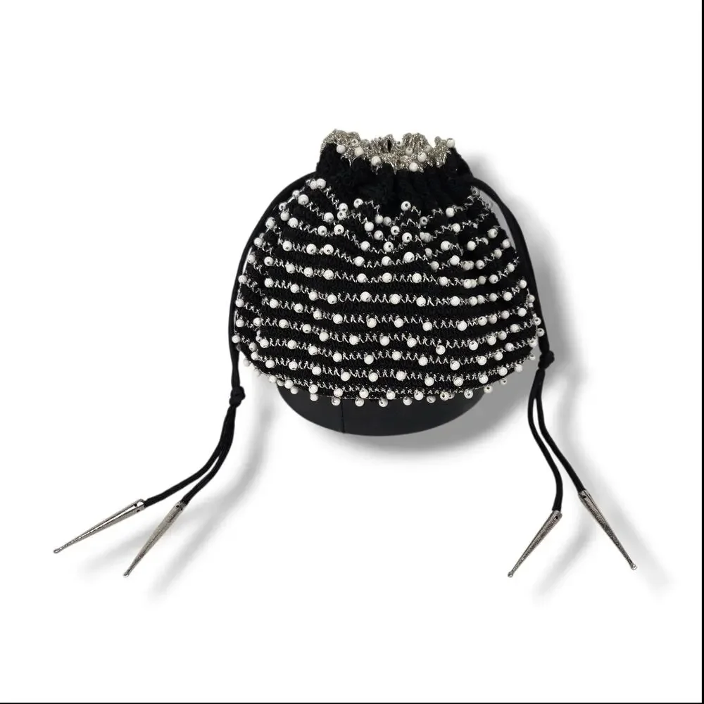 Vintage Drawstring Bag Mad Men 1950s Evening Purse Black Tie White Beaded Silver